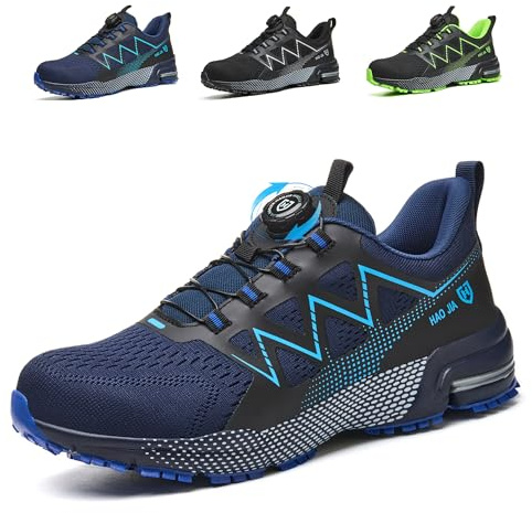 Safety Trainers Men Womens Steel Toe Cap Trainers Lightweight Breathable Safety Shoes Non Slip Work Shoes with Swivel Buckle Shoelaces,Blue,9 UK