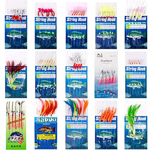 Yoshikawa 15 Packs Mackerel Feathers Pack with Mackerel Bait Hooks Lures Sea Fishing Rigs Tackle Accessories for Summer Species Boat Shore Beach Fishing