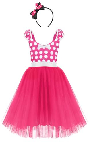 IBTOM CASTLE Girls Cute Girl Costume Fancy Dress Up Birthday Party Halloween Outfit Kid Child Princess Cosplay Clothes Summer Holiday Sundress Hot Pink with Headband (Long) 3-4 Years