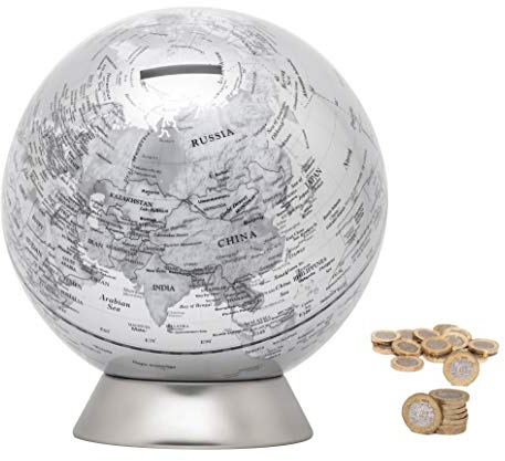 Exerz Globus Spardose/Sparbüchse/Sparschwein -Durchmesser 16 cm - Zeitgenössisch Metallisch Aussehen, Pädagogisch, Für Schule, Zuhause, Bürodekoration - Karte in Englisch - Silber