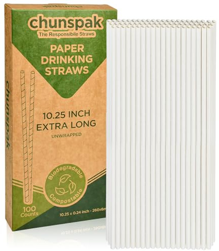 10 Inch Long Paper Drinking Straws, 0.24 Diameter - White, 100 counts