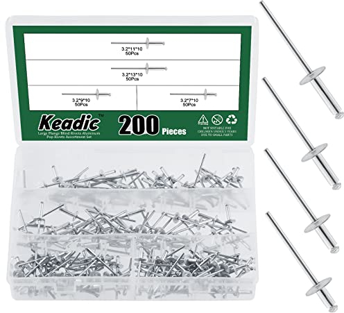 Keadic 200Pcs 4 Sizes 1/8 Aluminum Large Flange Blind Rivets Assortment Kit Includes 1/8 x 9/32, 3/8, 7/16, 1/2 Open End Domed Head Pop Rivets for Joining Metal Plate Pipe