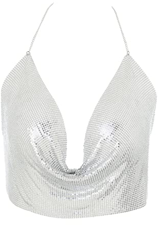 IYOU Funkeln Metall Körperkette Paillette Weste Crop-Tops Tiefes V Kette Halfter Rückenfrei Muskelshirt Nachtclub Party Körper Geschirr Zubehör für Frauen (Silber)