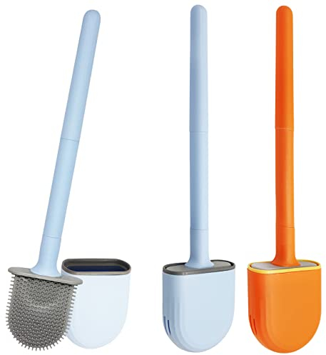 Wieat Juego de 2 escobillas de inodoro y soportes de silicona, cepillo Loo, cepillo montado en la pared, cepillo de limpieza de baño con mango antideslizante y base antigoteo para baño (naranja y