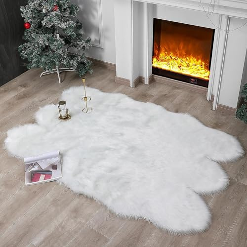 linmopm Faux Fur Sheepskin Rug, White, 4x6 ft | Super Soft Fluffy, High-Density Cushion, Plush Carpet, Bedroom Floor Sofa Living Room Runner, Sofa Cover Bedside