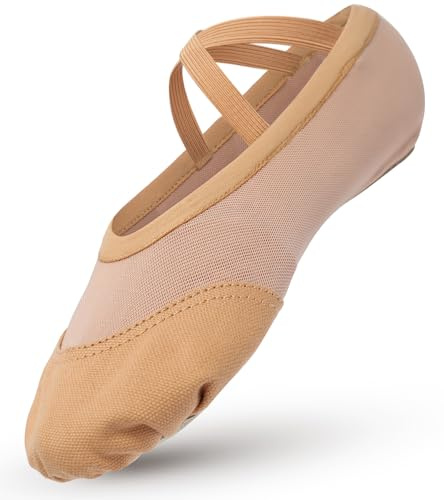 Zapatos de ballet de lona con malla de empalme, zapatos de ballet con suela de cuero dividido, zapatillas de baile elásticas para gimnasia y yoga para niñas y mujeres, beige, 40.5 EU