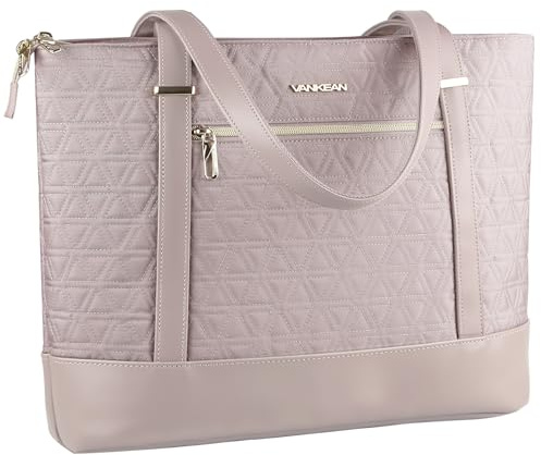 VANKEAN Sac d'ordinateur portable pour femme, 15,6 pouces, sac de travail imperméable, avec port USB, grand sac fourre-tout pour le travail, les voyages d'affaires, le matelassage, rose