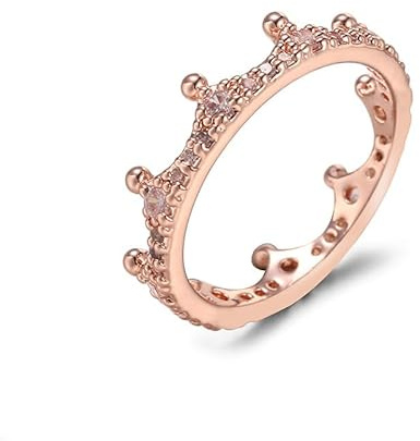 Bague en forme de couronne colorée en or rose et oxyde de zirconium blanc pour femme Cadeau d'anniversaire Promesse Mariage Intemporel Couronne étincelante Bague en cristal rose 8