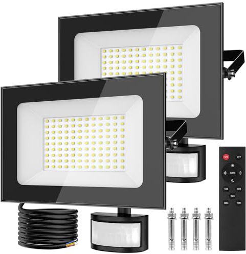 papasbox 2 Stück 100W LED Strahler mit Bewegungsmelder Außen Lichtsensor | Außenstrahler Scheinwerfer Aussen mit Fernbedienung | 6500K Kaltweiß IP66 Wasserdicht Fluter für Garten Garage Sportplatz