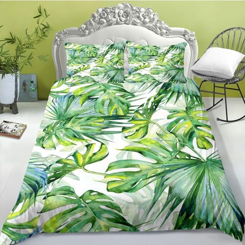 FABTOP Bed Linen Tropical Leaves Green Palm Leaves Pattern Duvet Cover Tropical Palm Leaves and Monstera Bedding Set for Single Bed (9.140 x 210 cm)