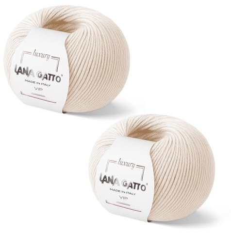 Gomitoli Cashmere e Lana merino extrafine per lavoro a maglia, Lana Gatto Linea Vip, 100 gr., 400 mt, (Avorio - 1001, 2)