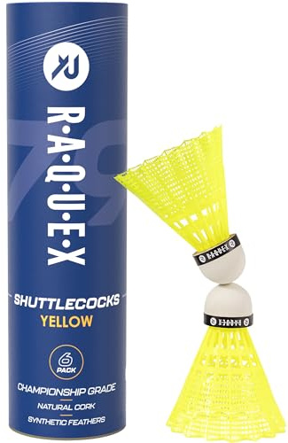 Raquex-badmintonbollar i nylon – Rör med 6 naturliga fjäderbollar av naturkork – Tre hastigheter – Vita eller gula fjäderbollar, inomhus utomhus hållbara badmintonbollar