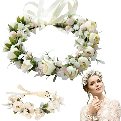 Norhogo Rose Braut Haarschmuck mit Armband-Set, Blumen Stirnbänder Kopfschmuck, Verstellbarer Blumenkrone Braut Stirnband Festival Hochzeit Damen für Damen Hochzeit Zeremonie Festival Party Strand