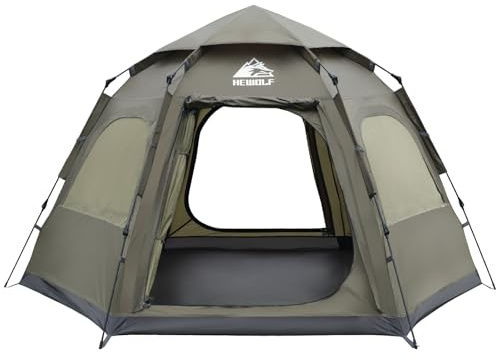 Hewolf 2/3/4 Person Camping Tent - Instant Pop Up Waterproof 2 Doors Tent with Easy Setup | 3-Season Hexagonal Dome Design for Family, Hiking & Traveling (Green)