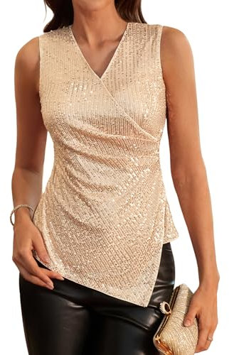 GRACE KARIN Wickelbluse Damen Festlich Pailletten Tops Damen Elegant Ärmellos Oberteile Geburtstag M Roségold-3