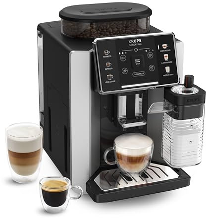 Krups Sensation Milk, Cafetera Automática, 6 Bebidas a Base de Café y Café con Leche, Tecnología Milk Maestro, Jarra de leche integrada, Fácil de Usar, Plateado, EA912E10