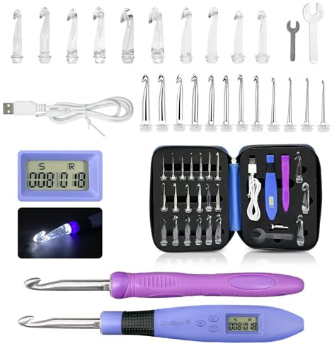 Set di uncini LED con contatore, 22 in 1 chiave grande/piccola, manico di ricambio gancio, borsa ripiego testa gancio 2,0-14,0