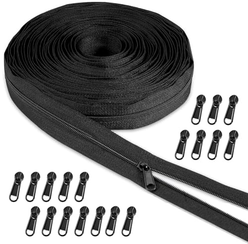 VOSSOT Cremallera sin fin negra con cremallera, 10 m de largo y 2,5 cm de ancho, cremallera continua con cremallera, cremallera de plástico, cremallera de nailon sin fin, cremalleras divisibles,