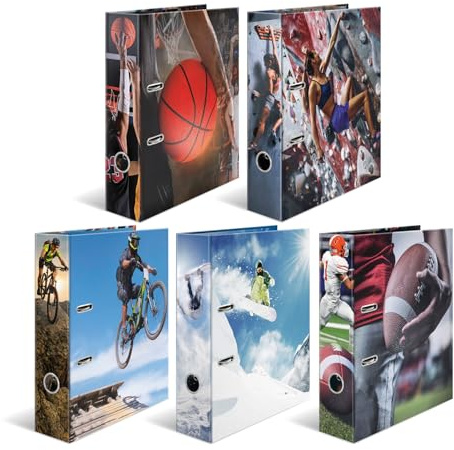 HERMA A4 Lever Arch File Assortment, Pack of 5, 70mm Spine, Heavy Duty Folder with Sport Motif, Glossy Finish & Inner Print, Kids Ring Binder, Archiving Folder & Storage File Organizer