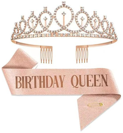 Birthday Queen Sash,Birthday Crown,Rhinestone Tiara Set for Women,Glitter Birthday Crown,Adjustable Sash,Perfect for Women’s Birthday Parties,Decorations and Gifts (Gold)