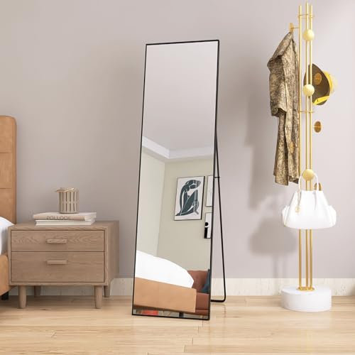 VixorLuilith Ganzkörperspiegel 140 x 40 cm mit goldenem Metallrahmen, Standspiegel, großer HD-Wandspiegel mit Haken, klare HD-Glasreflexion, bruchsicher und leicht (Schwarz)