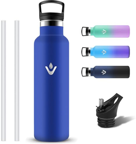 Grsta Botella Agua Acero Inoxidable, Botella Termica 1 litro a Prueba de Fugas, Cantimplora Aislada con 2 Tapones, Reutilizable Termo Termica sin BPA con Pajita y Filtropara Gym, Gimnasio, Exterior