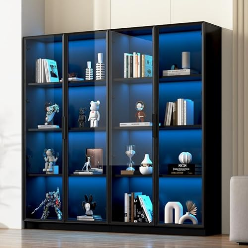 Solisburne Lot de 2 vitrines en Verre Debout, avec 2 Portes et étagères réglables, à 4 Couches, vitrine de Collection, avec LED 16 Couleurs, pour Salon, Bureau, Livres, Verre trempé, Noir