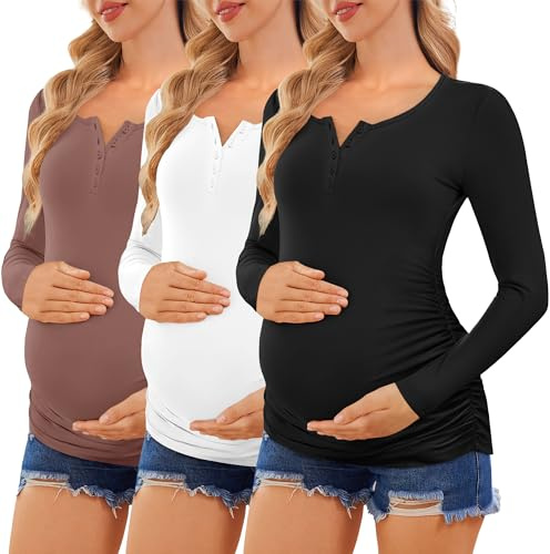 Ekouaer Women 3 Pack Maternity Shirts Long Sleeve Pregnancy Tops Button Down Postpartum Tees Scoop Neck Pregnant T Shirts Black + White + Brown M