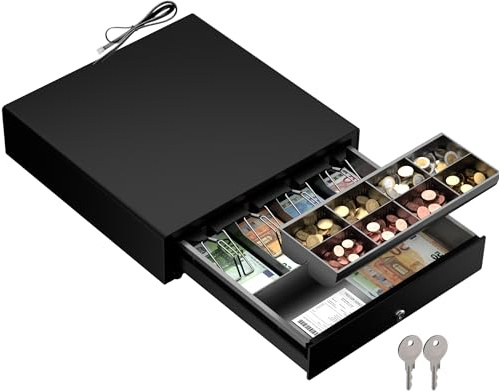 Cassetto per Registratore di Cassa RT, Apertura Automatica RJ/Chiave, Cassetta Portavalori con 4 Banconote 8 Monete (Euro), 35x40cm, Nero