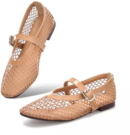 StillFancxy Mesh Ballet Flats for Women Buckle Strap Mary Jane Flats Causal Ballerina Flats Daily Dress Shoes Light Brown