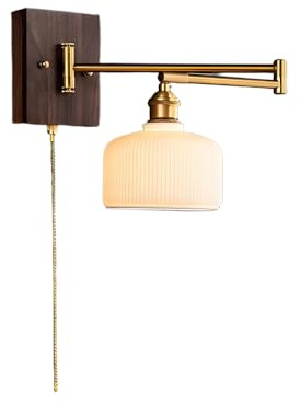 WMYYZYQ Vintage, svängbar vägglampa, väggmonterad ljusstake i valnötsfärgat trä med dragkedja för sovrum, 1-lampig keramisk väggmonterad lampa, E27 hårdtråd inomhusvägglampa, C