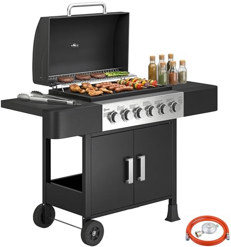 Outsunny Barbacoa de Gas BBQ Gas con 6 Quemadores 15 kW Barbacoa Portátil con Termómetro Tapa 2 Mesas Laterales Armario Rejilla Calentadora Parrilla Recogedor Grasa Asa 2 Ruedas Negro
