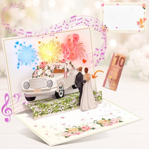 Wedding Card with Music Light, Just Married Card for Bride and Groom | 3D Pop Up Wedding Congratulations Gift Card for Daughter, Best Friend, Cash Card for Weddings Engagement