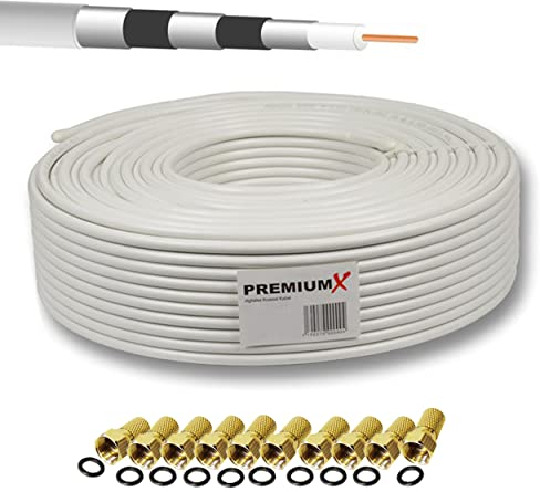 50m PremiumX Basic Pro Cable coaxial SAT Cable de antena de 135dB Cable coaxial blindado de 5 vías Cable de antena para 4K Ultra HD | DVB-S / S2 | DVB-C | DVB-T | Sistemas BK + 10 x conector F 8.0mm