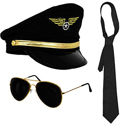 Adults Pilot Fancy Dress Costume Set - Black Aviator Pilots Hat, Sunglasses With Black Lens & Plain Black Tie