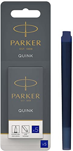 Parker Fountain Pen Ink Refill Cartridges | Long | Blue QUINK Ink | 5 Count (Blister)