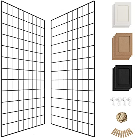 PAMANO Wand-Fotoraster-Regal, Wandbehang, Kunst-Display-Gitter-Panel für Dekoration und Aufbewahrung, Metalldraht, Pinnwand und Memoboard, Netz-Werkzeug-Organizer-Rahmen, 2 Stück (schwarz, 65 x 45 cm)