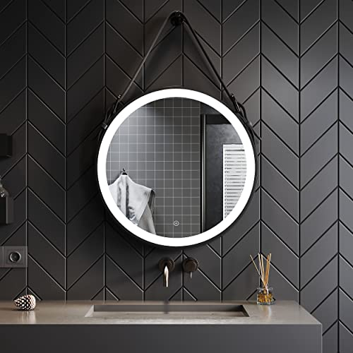 SONNI Badspiegel mit Beleuchtung rund 60cm beschlagfrei Badezimmerspiegel rund mit LED Beleuchtung und Verstellbarer Ledergürtel Wandspiegel Lichtspiegel mit Touch Schalter