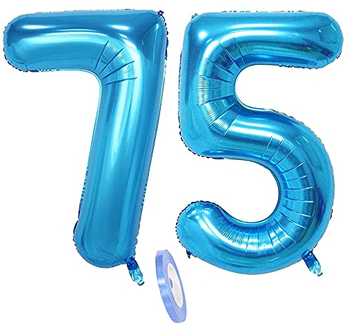 Folienballon Zahl Deko Blau 75 für Frauen Männer,XXL 100cm Riesen Nummer Aufblasbar Helium Ballon Blue Figuren Zahlen Luftballons für 75. Jahre Mann Frau Geburtstag Hochzeit Jubiläum Party Dekoration