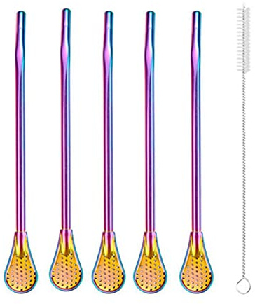 304 Stainless Steel Drinking Straw Spoon Tea Filter Tea Straws Gourd Washable Tea Tools Kitchen Bar Kitchen with Spoon Brush (Multicolor)