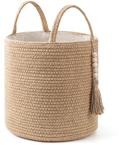 Mkono Woven Storage Basket Decorative Natural Rope Basket Wooden Bead Decoration for Blankets,Toys,Clothes,Shoes,Plant Organizer Bin with Handles Living Room Home Decor (Brown, 28 x 28cm)