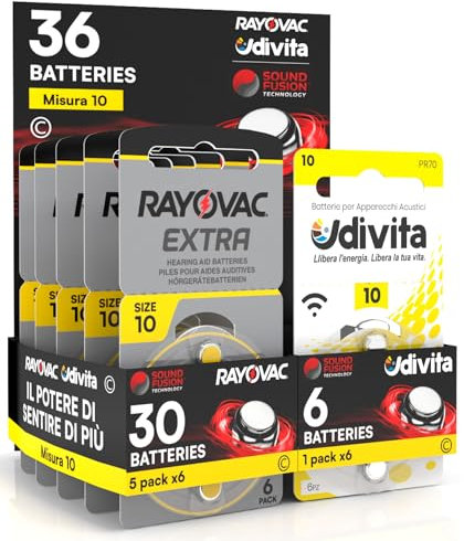 36 Pilas para audífonos Rayovac Extra Advanced 10. 36 Pilas: 30 Rayovac + 6 Udivita