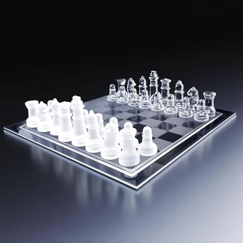 Schachspiel-Set aus feinem Glas, Schachfiguren aus massivem Glas und Schachbrett aus Kristallspiegel, 25,4 x 25,4 cm, als Geschenk für Jugendliche und Erwachsene
