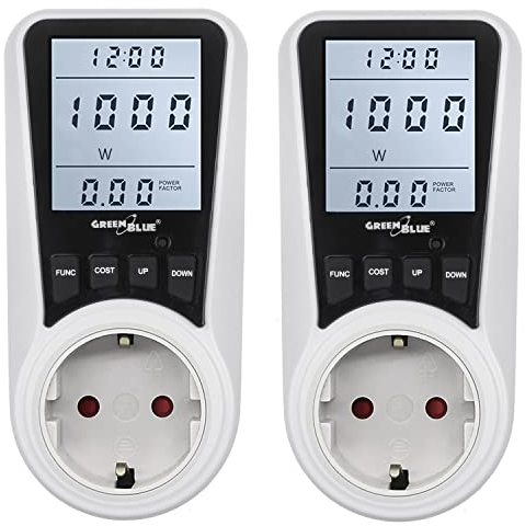 Green Blue GB350 F Energiekostenmessgerät 2-er Pack Strommessgerät Stromverbrauch Energiekosten Messgerät Stromzähler Wattmeter Schuko Steckdose 7 Modi Max. Leistung 3680W