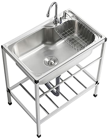 Lavello da cucina per esterni Lavello autoportante in acciaio inossidabile Lavello da ristorante commerciale a vasca singola con rubinetto per garage Lavamani industriale per la casa