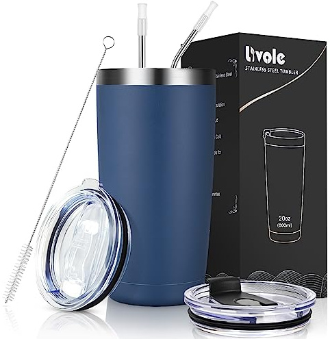 Livole 20OZ Travel Tumbler, 600ml Double Walled Vacuum Insulated Coffee Cup, Thermal Stainless Steel Travel Mug with 2 Straws and 2 Lids, Reusable Cup for Hot Cold Drinks, Leakproof, Navy Blue