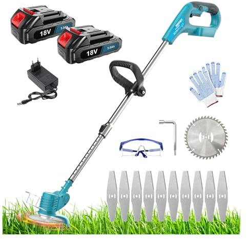 Cordless Strimmer Grass Trimmer, 18V Compatible with Makita DUR181Z, Lightweight Li-ion Battery with 2 x 3.0Ah and Charger Lawn Edger Tool for Trimming Grass Weed with 10xMetal Blades and 1xSaw Blade