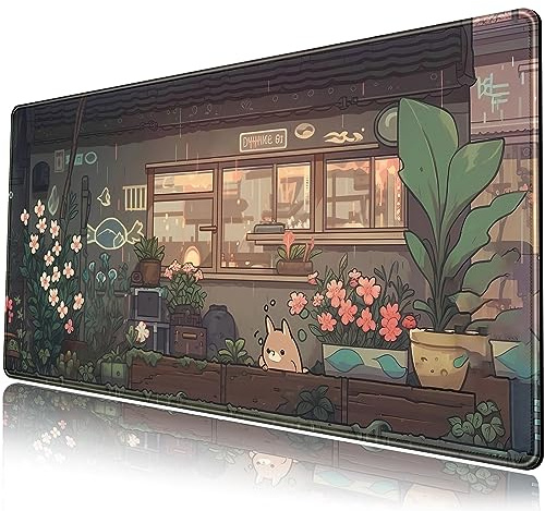 Japansk anime skrivbordsmatta, Kawaii katt söt skrivbordsdyna, gröna växter, stor spelmusmatta XXL, musmatta, utökad stor musmatta, söt tangentbordsmatta, skrivbordsdekor 80 x 40 cm, skrivbordsmatta