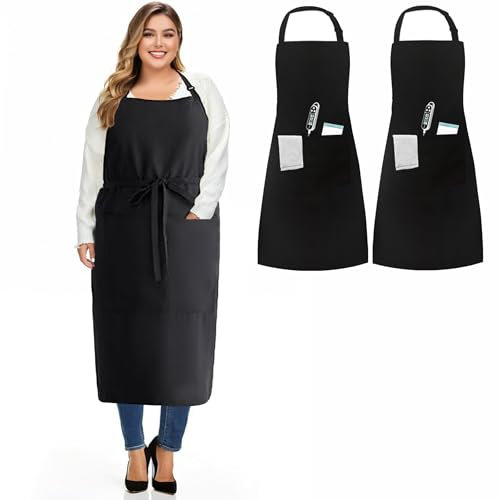 umboom 2 Stücke Übergrößen Schürzen mit 2 Taschen, Verstellbare Kochschürze für Männer und Frauen, Große Arbeitsschürze für Gastronomie, Grill, Küche, Geschäft, Bistro, Bar, Café, Garten (Schwarz)