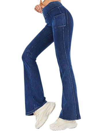EGSDMNVSQ Jeggings Jeans da Donna Pantaloni Yoga Svasati Leggings Bootcut Pantaloni Sportivi a Vita Alta con Tasche Jeggings in Denim Elasticizzato Jeans Skinny Pantaloni Fitness Pantaloni